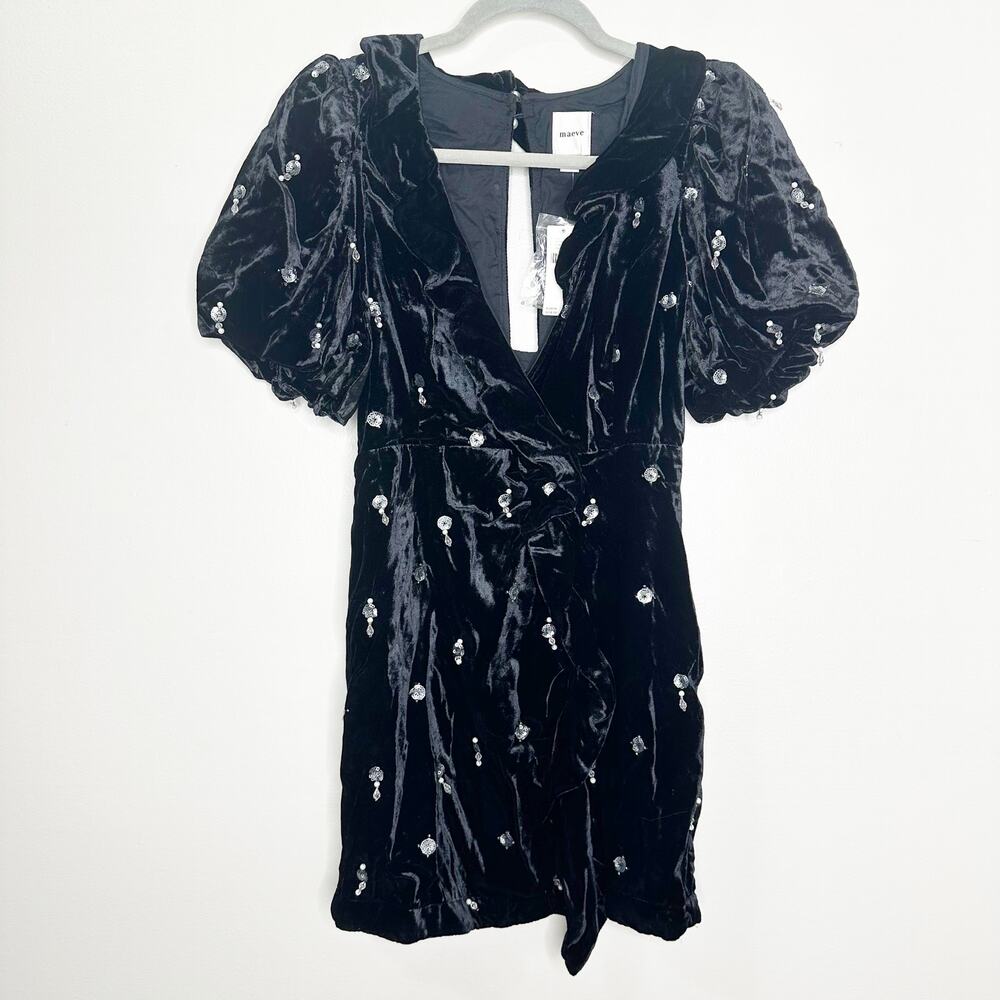Anthropologie Maeve Black Velvet Embellished Mini Dress Size 2 NEW - Picture 3 of 10